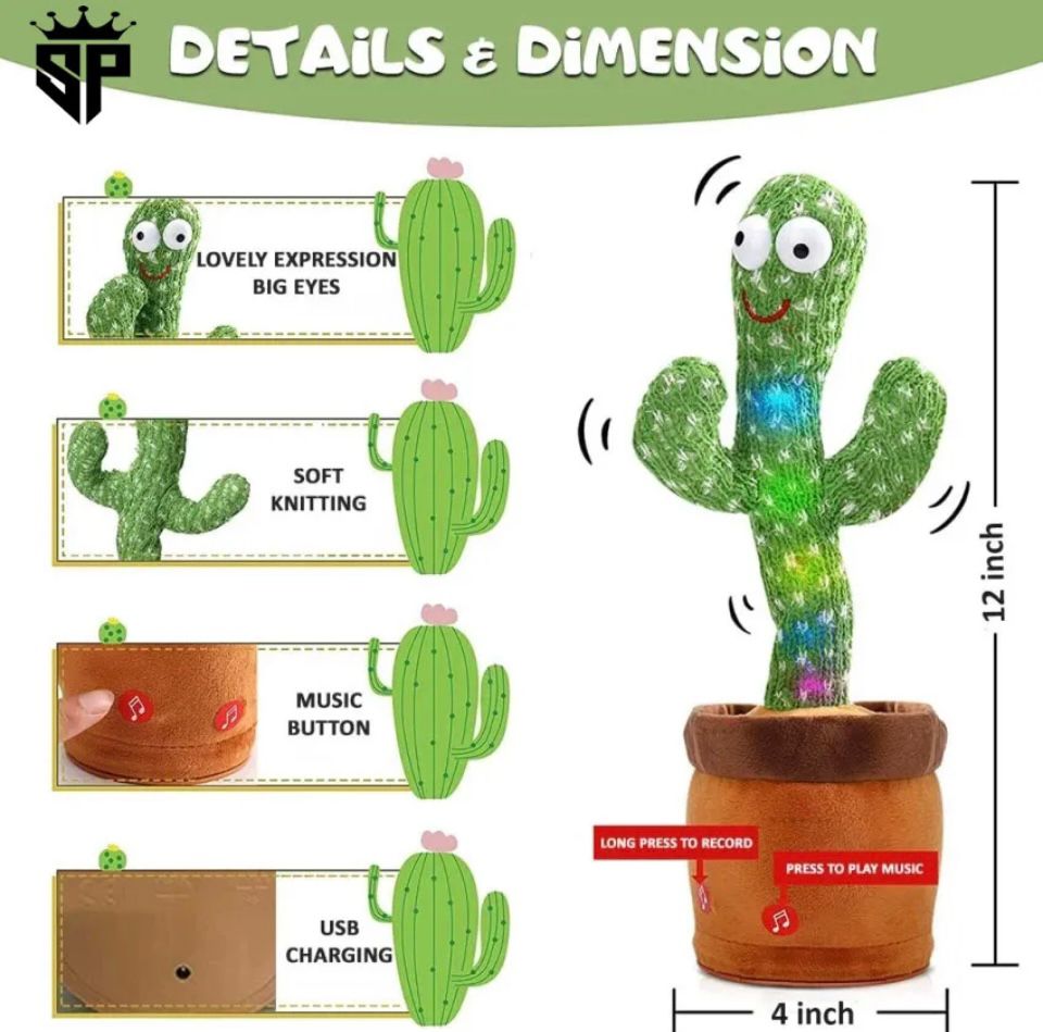 Cute Dancing Cactus Toy for Kids | Talking Dancing Shaking & Talk Back with Lights | Happy Birthday Gift
